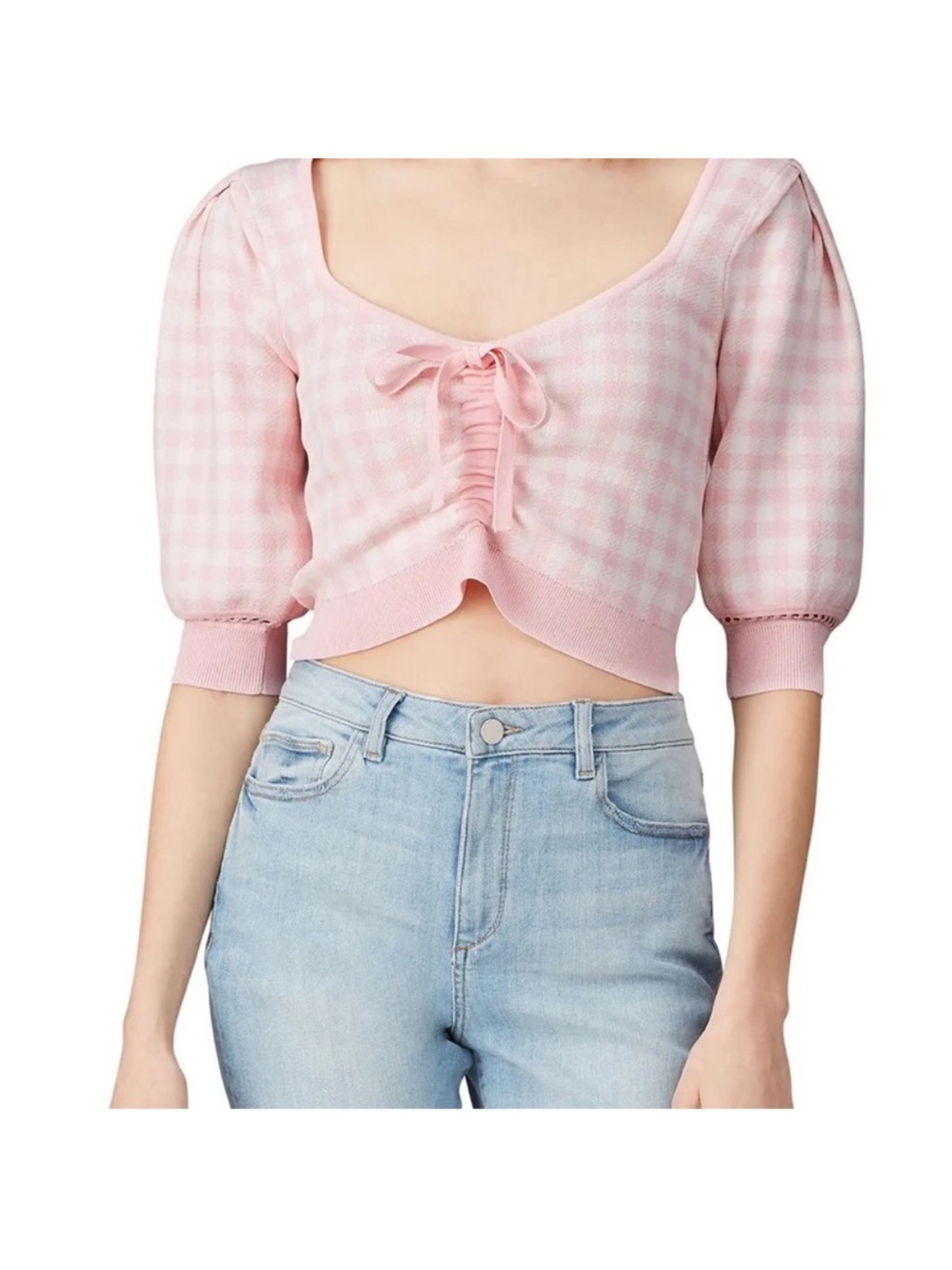 Astr Pink Checkered Puff Sleeve Crop Top XS